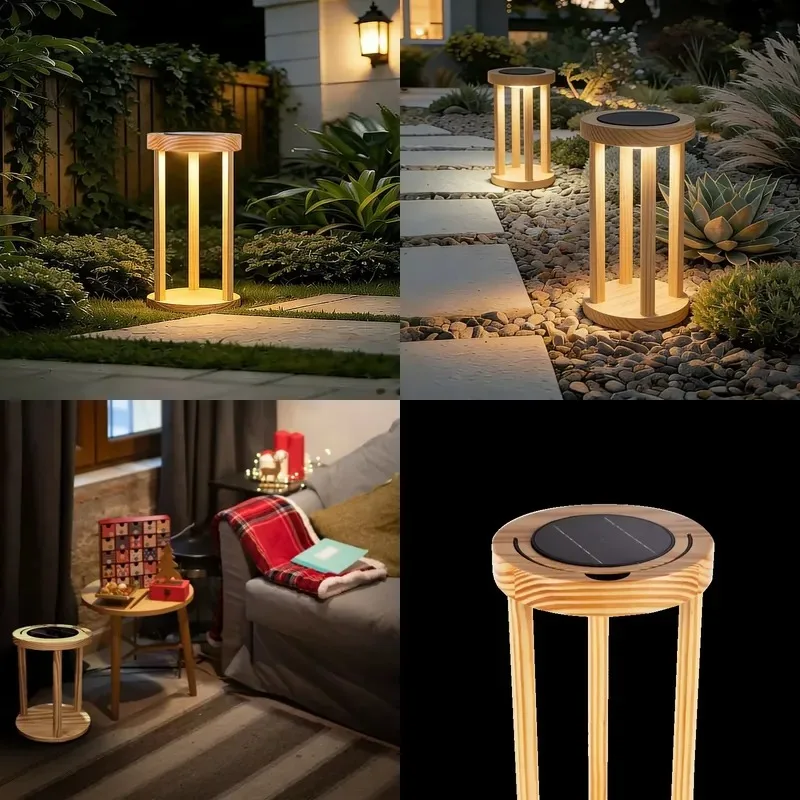 Hanging solar outdoor garden light with LED lighting system and light stand made of natural wood