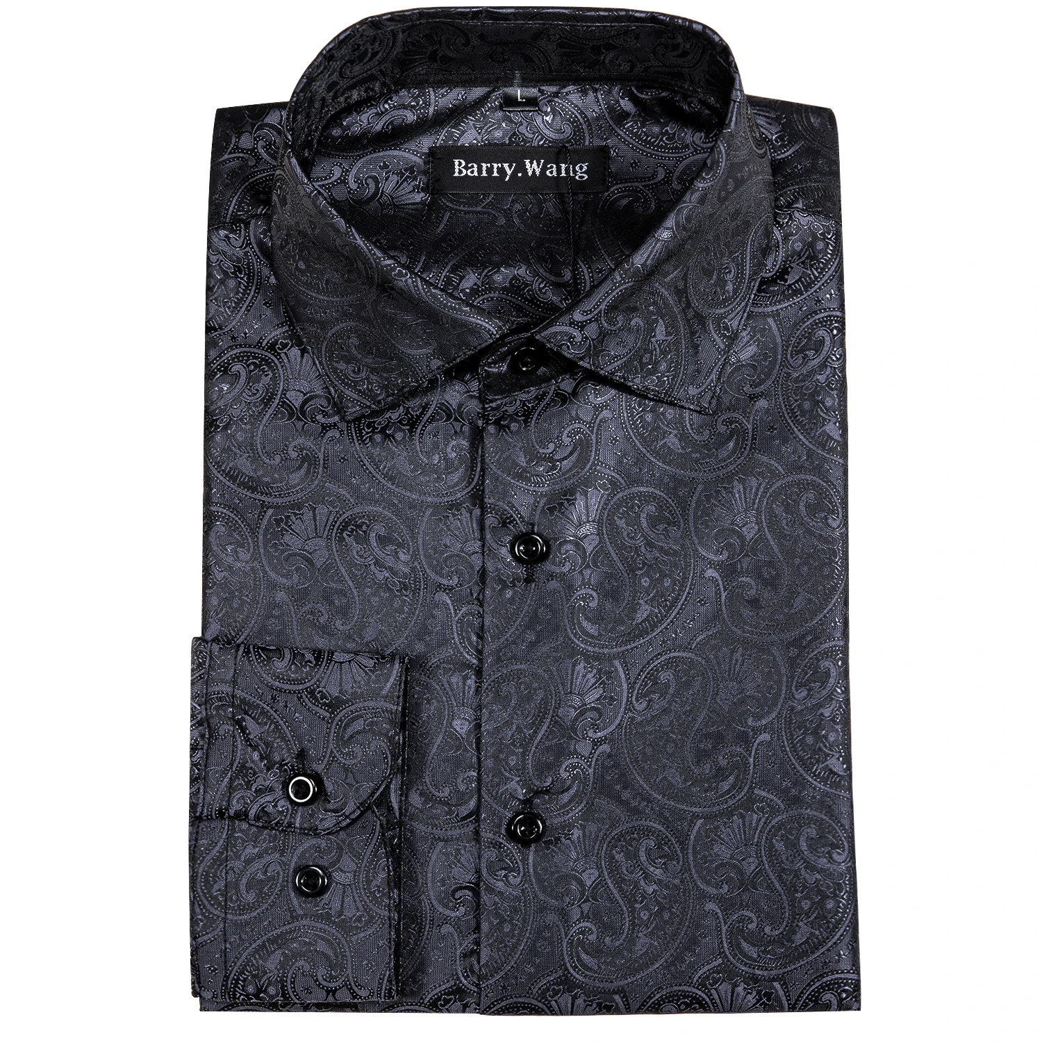 Barry.Wang Luxury Black Paisley Silk Shirts Men Long Sleeve Casual Flower Silver Shirts For Men Designer Fit Dress Shirt BY-0054