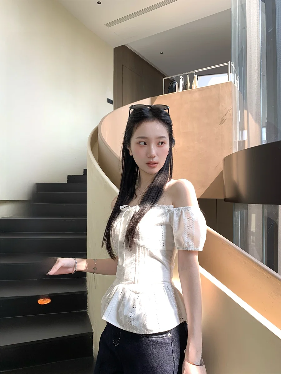 

White Shoulder Bared Shirt Women's Slim Fit Short Sleeve Luxury Style Breathable Summer New Arrival by Zero Degree Soda