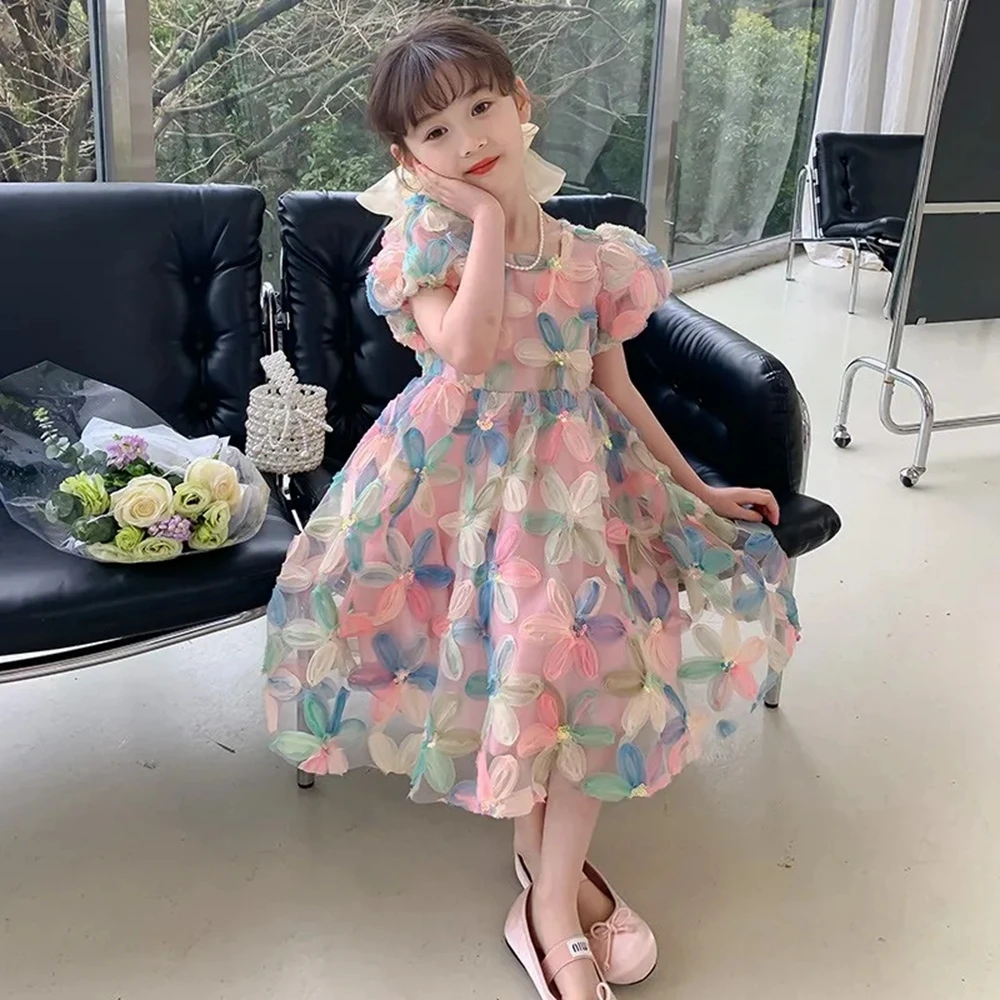 Summer Girls Flower Princess Dress with Big Bow Kids Cute Puff Short Sleeve Dresses for Girls Korean Clothing Children Dress 6 8