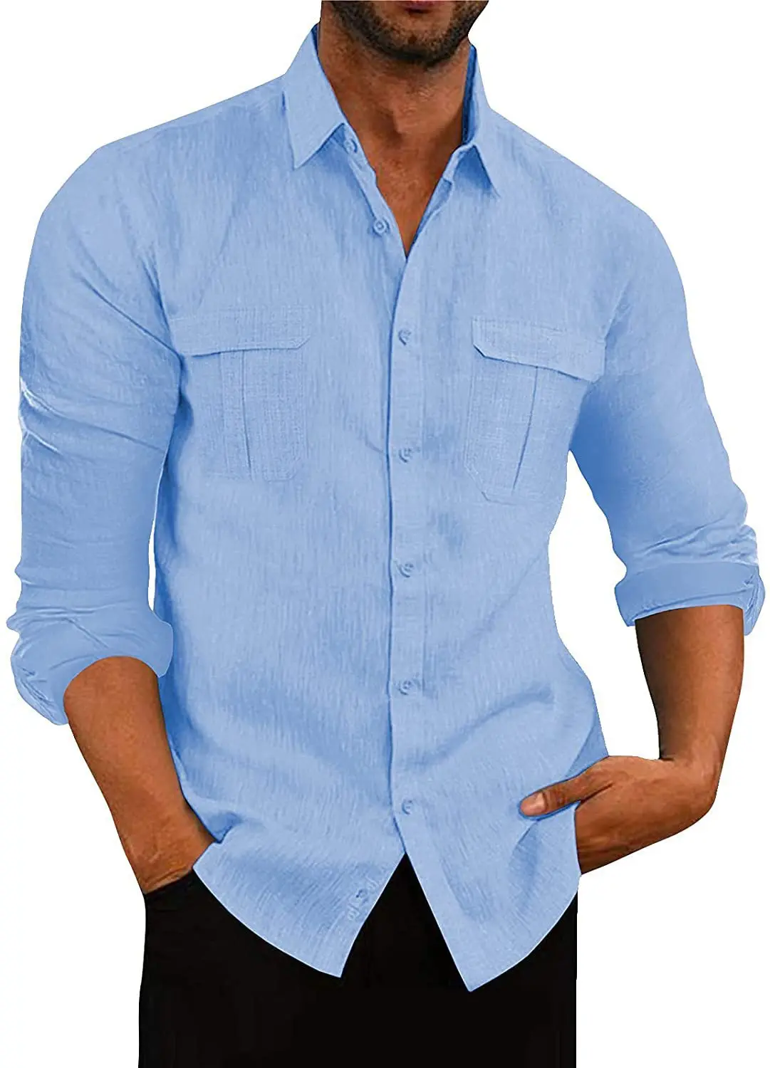 

Men Cotton Linen Solid Shirt Single Breasted Long Sleeve Lapel Casual Shirts Buttons Summer New Loose Pockets Spliced Shirt