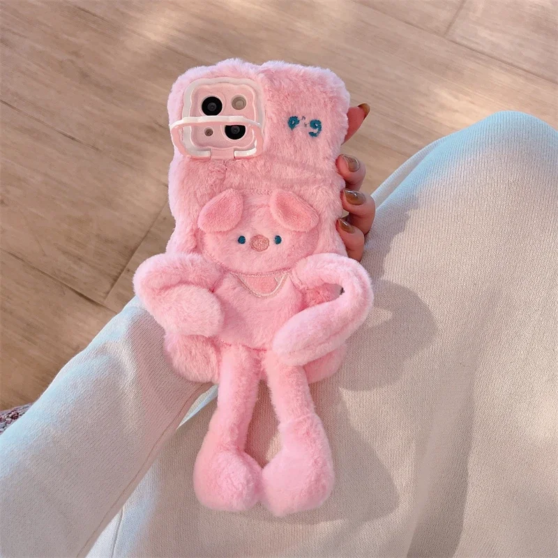 Plush Hair Fluff Toy Soft Phone Case Cartoon For Huawei P40 P50 P60 Pro Pura 70 Pro Cute pig Women's Fashion Back Cover Cases