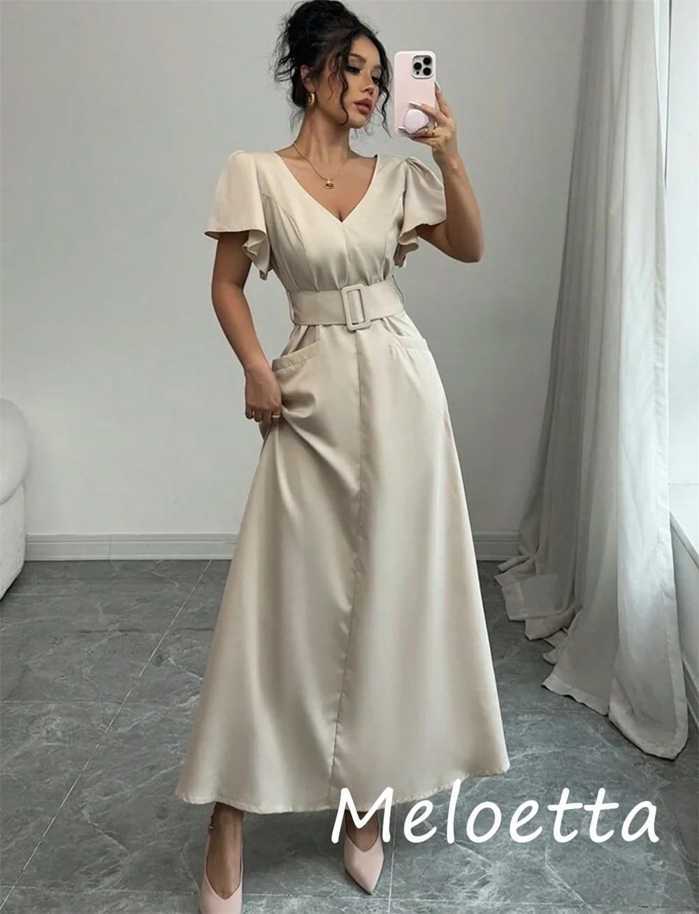 Customized Chinese Style Charmeuse Sash Pleat A-line V-neck Midi Dresses Bespoke Occasion Sizes Available