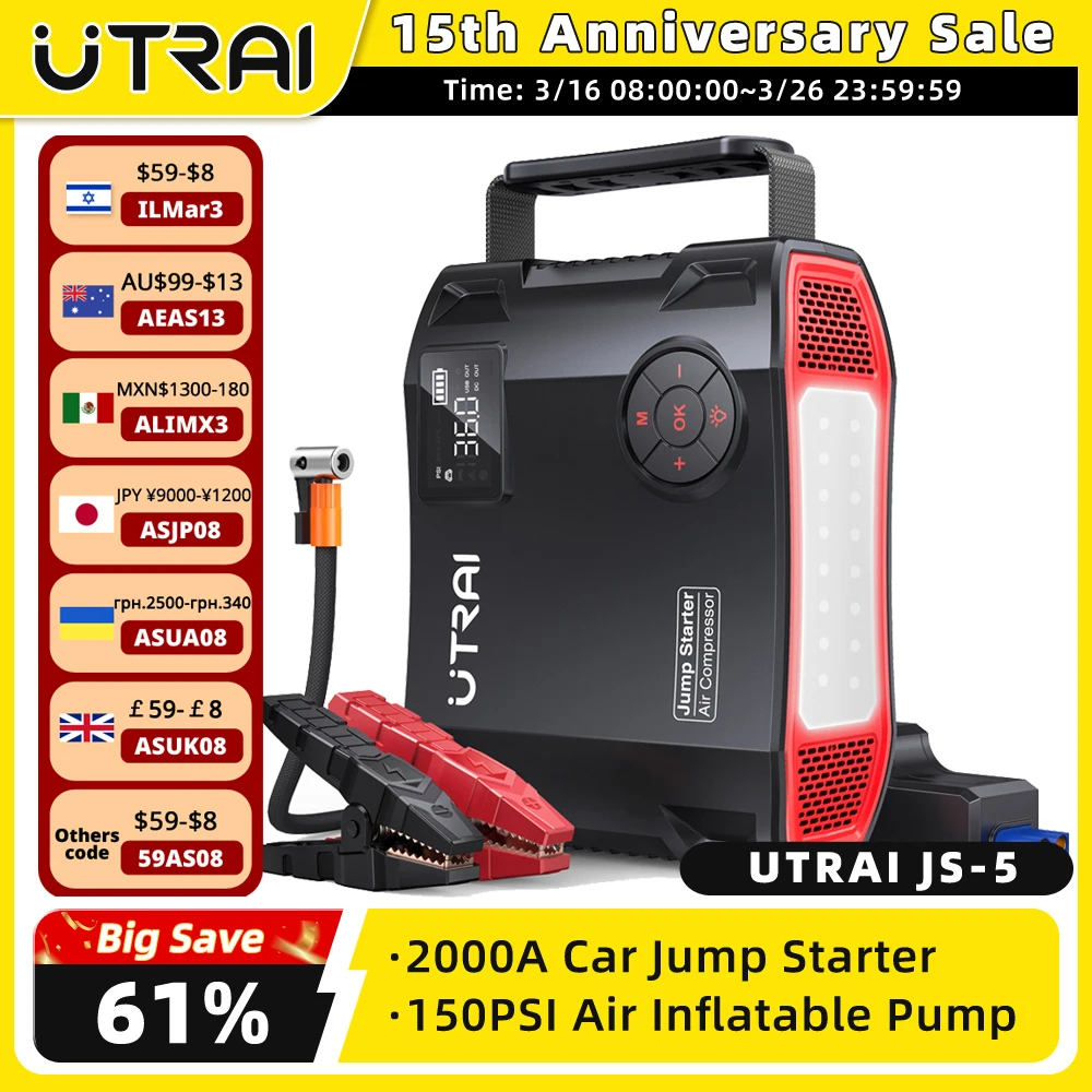 UTRAI 4 In 1 2000A Jump Starter Power Bank 16000mAh 150PSI Air Compressor Tire Pump Portable Charger Car Booster Starting Device