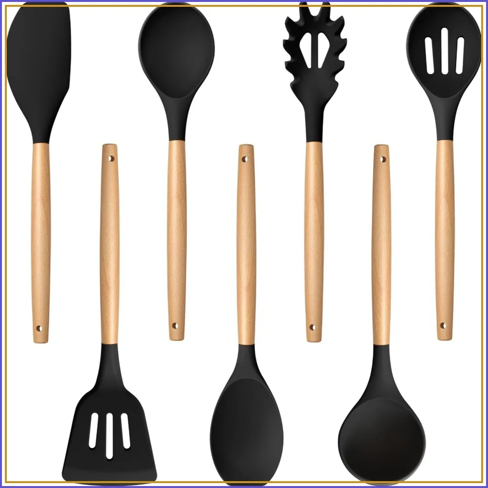 7-Piece Silicone Kitchen Utensils Set with Wooden Handles, Heatproof Cooking Tools for Turning, Mixing & Serving, Non-Stick Safe Black
