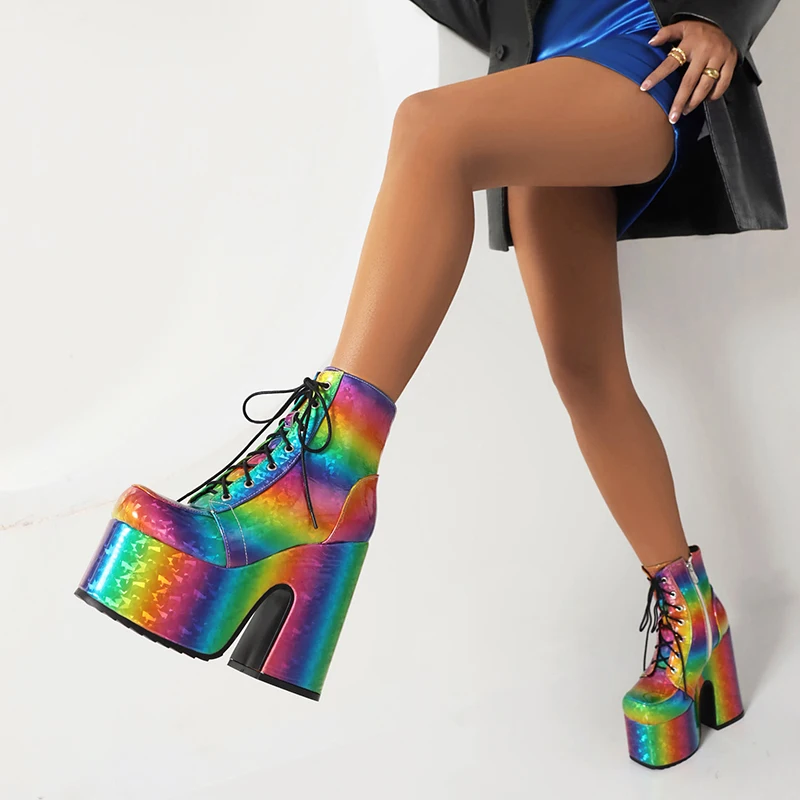 Rainbow Glossy Patent Leather Super Platform Fashion Short Boots Square Toe Super Chunky Heel Punk Style Bat Print Women\'s Boots