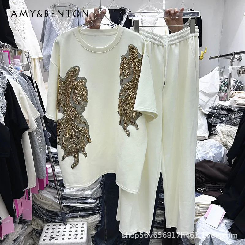 

Heavy Craft Design Rhinestone Embellishments Loose-fitting Short-sleeves T-shirt + Elastic-waist Wide-leg Pants Two-piece Set