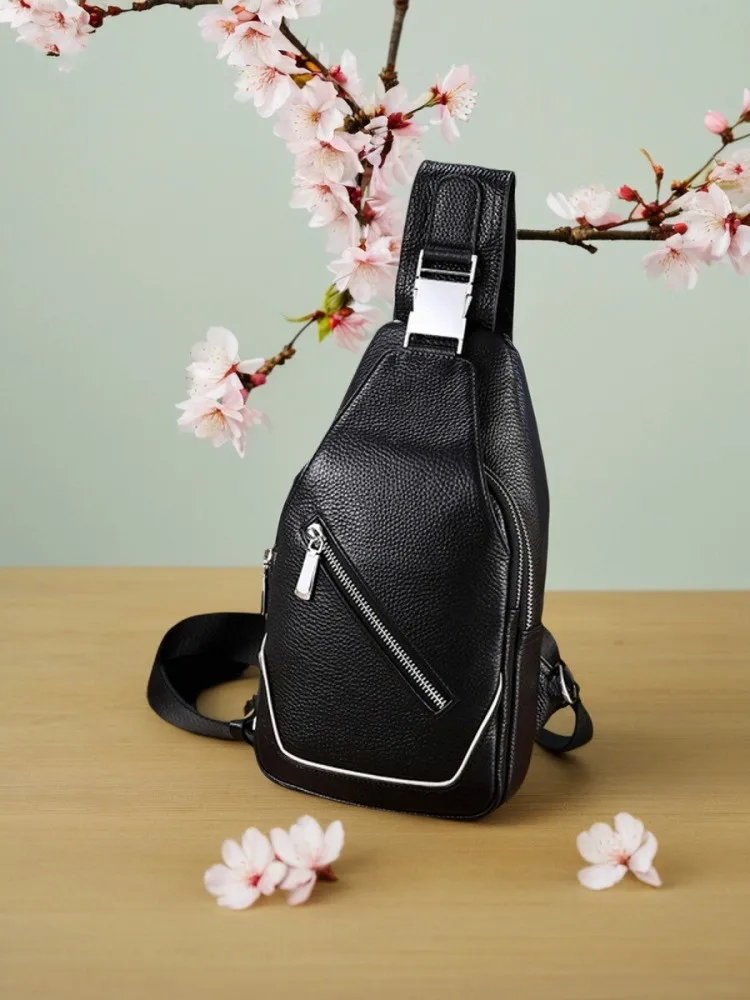 Casual Mens Genuine Leather Chest Bag Zipper High Street Versatile Fashion Solid Color Cowhide Single Shoulder Crossbody Bags
