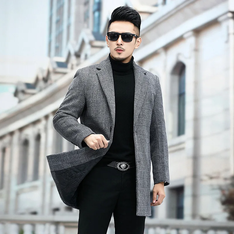 

2024 Autumn and Winter High-quality Men's Plaid Wool Coat Medium Long Warm Popular Blends Jacket