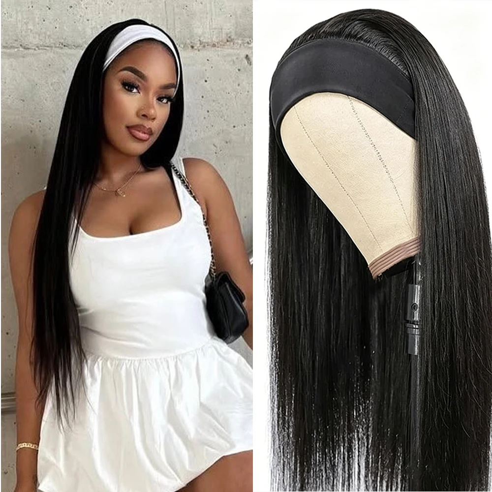 Machine Made Black Straight Hair Ice Silk Headband Wig 200 Density Body Wave Wear And Go Virgin Human Hair Band Wigs Beginner Friendly Hairband Wigs