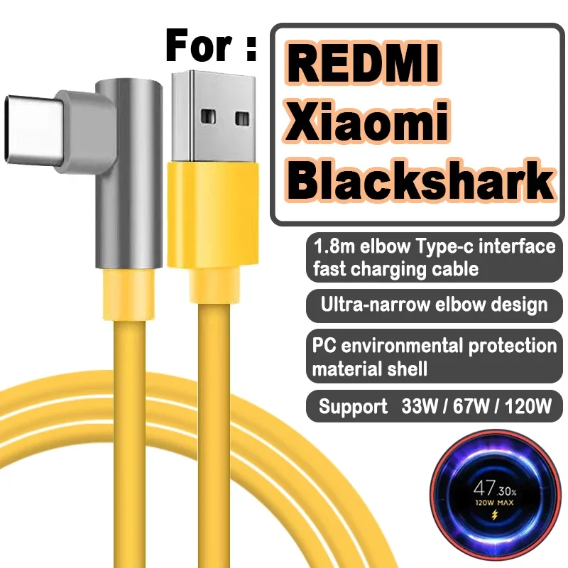 Câble de chargeur USB Type C 6A pour Xiaomi 120W, pour Redmi Note 11 10 Pro + K40 Gaming K50 Pro, coude de chargeur Turbo 90 degrés 1.8m