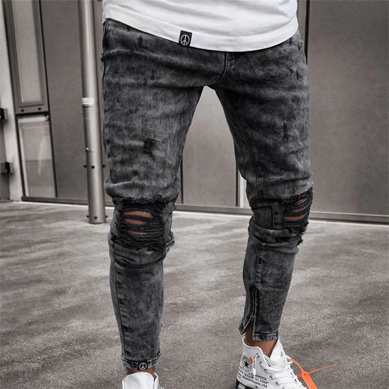 Cool Fashion Broken Holes Black Jeans Men New Button Zipper Splicing Slim Fit Pencil Trousers Junior Street Denim Pants Washable