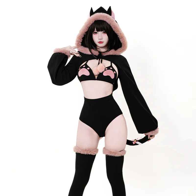 

Новинка 2025, оригинальное нижнее белье Kawaii Cat, боди-бикини с плюшевыми ушками и съемным хвостом, милый костюм для косплея в японском стиле