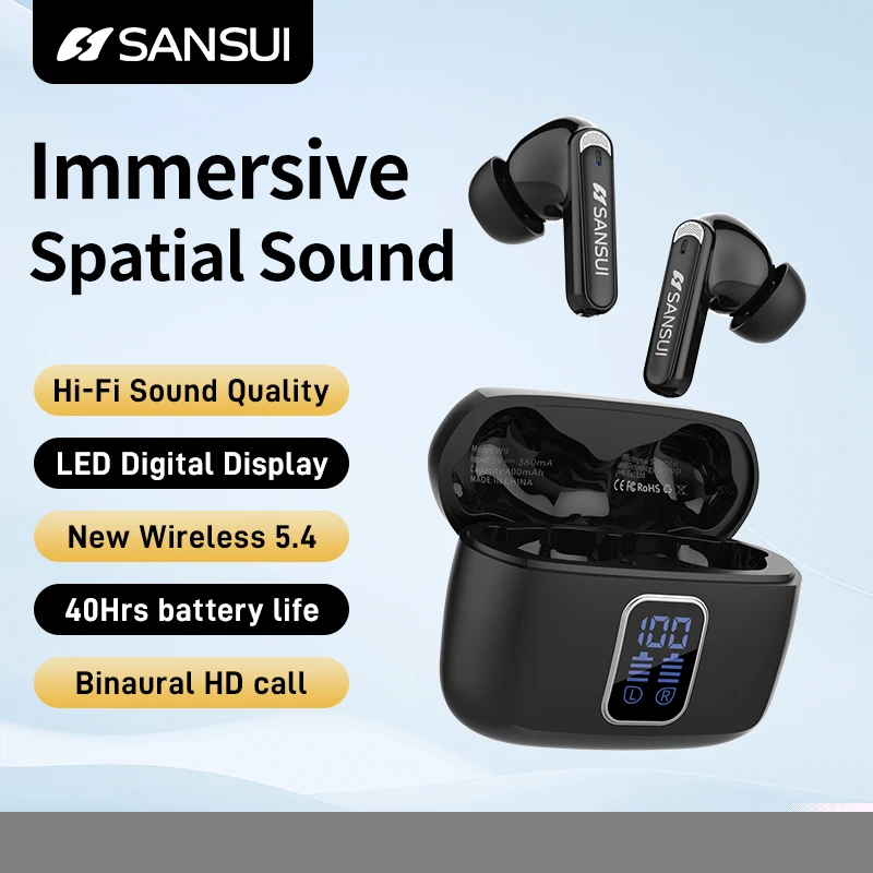 

Sansui W9 HiFi stereo LED Display Wireless bluetooth High Fidelity ENC Noise reduction Microphone Voice call earphone airbuds