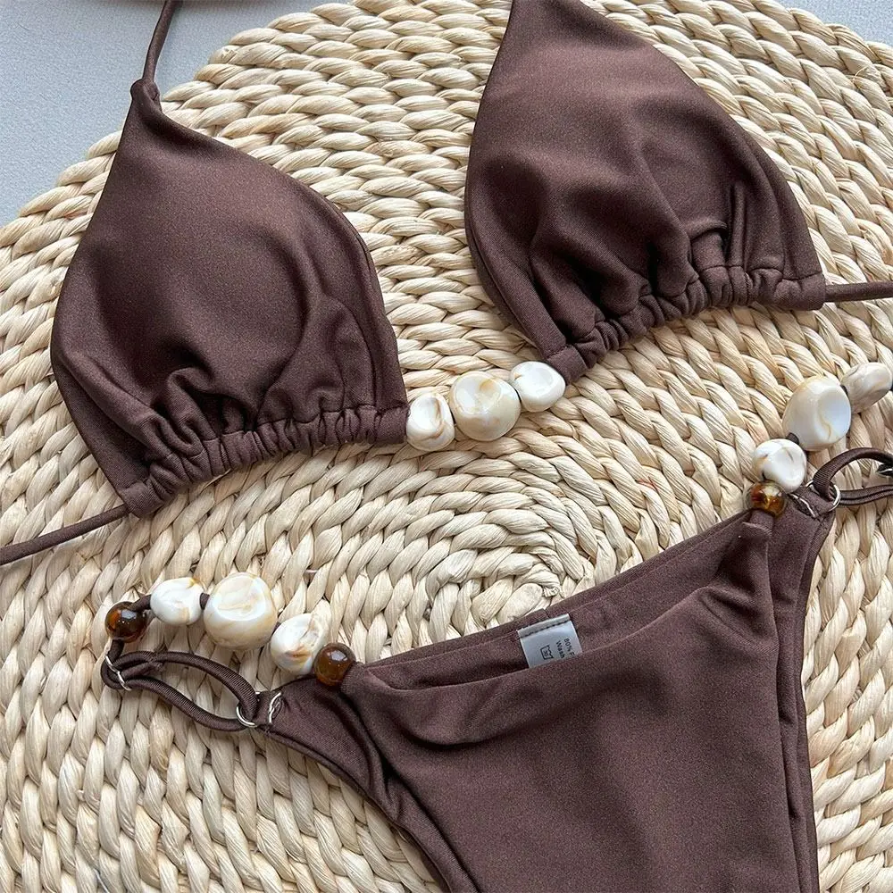 

2Pcs/Set Fashion Summer Beach Bikini Bead String Casual Bikini Set Halter Triangle Bathing Suit Swimwear Beach