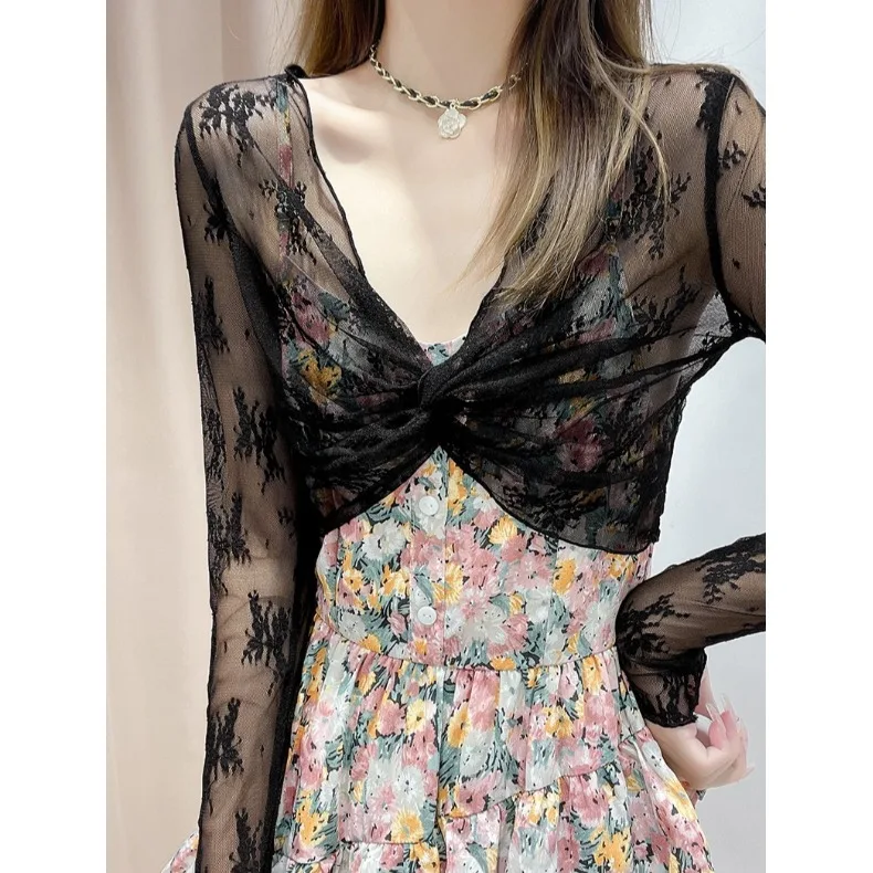 Women's Summer New Style Sun Protection Lace Shoulder Shawl Hollow out Mesh Top Thin Outerwear Cover up Short Coat