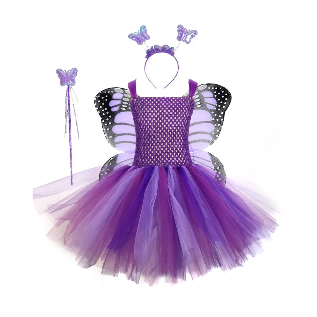 New Girls Butterfly Fairy Colorful Tutu Dress With Wings And Headband Kids Elf Floral Princess Outfit For Party Summer Clothes