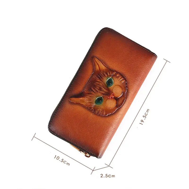 Leather long Wallet With Embossed Cat, ID/Credit Card Slotzipper bag, Vintage Women's Handbag,Fashionable Cowhide Wallet