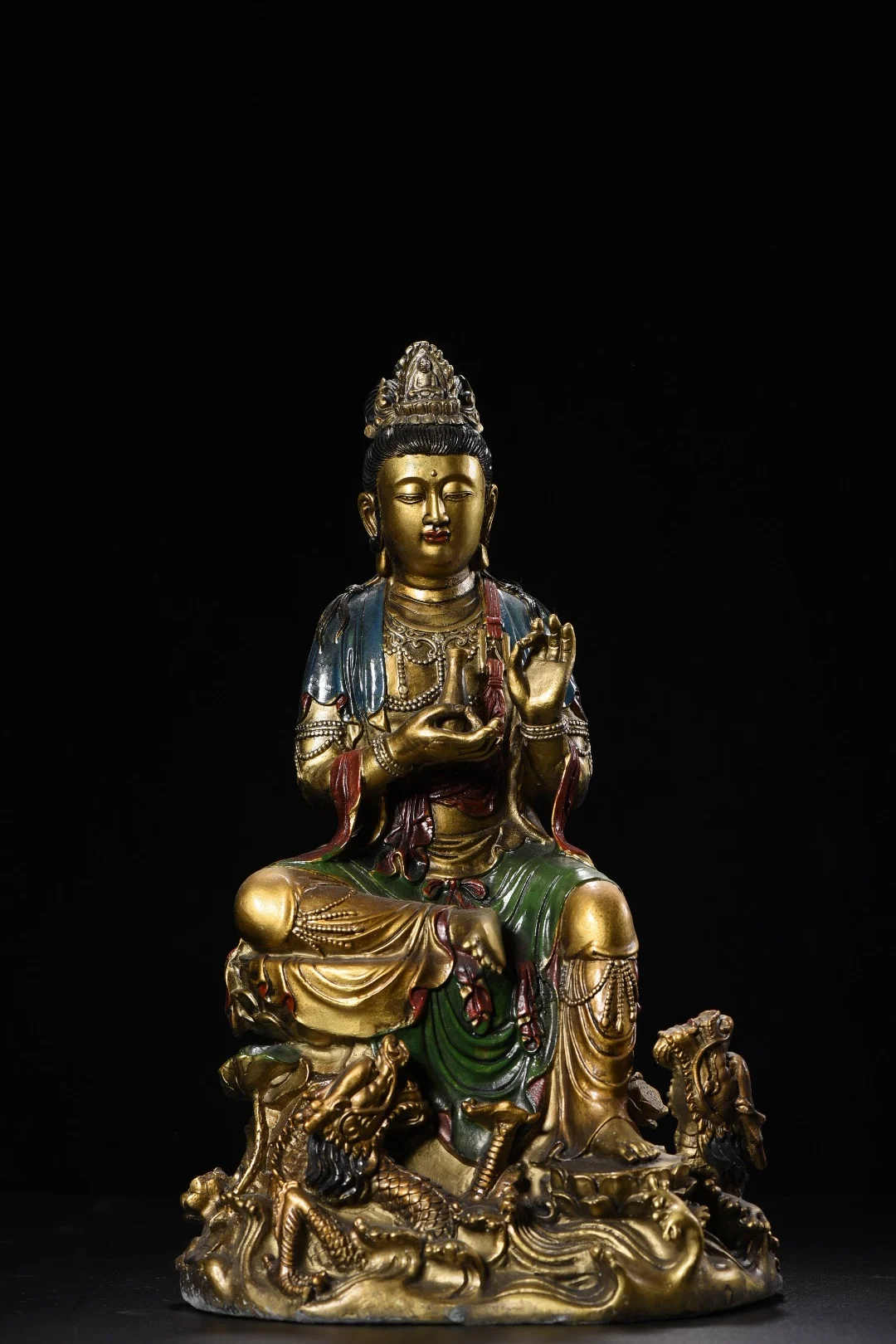 

14"Tibetan Temple Collection Old Bronze Painted Gilded Bottle Guanyin Bodhisattva Sitting Buddha Dragon Buddha Platform