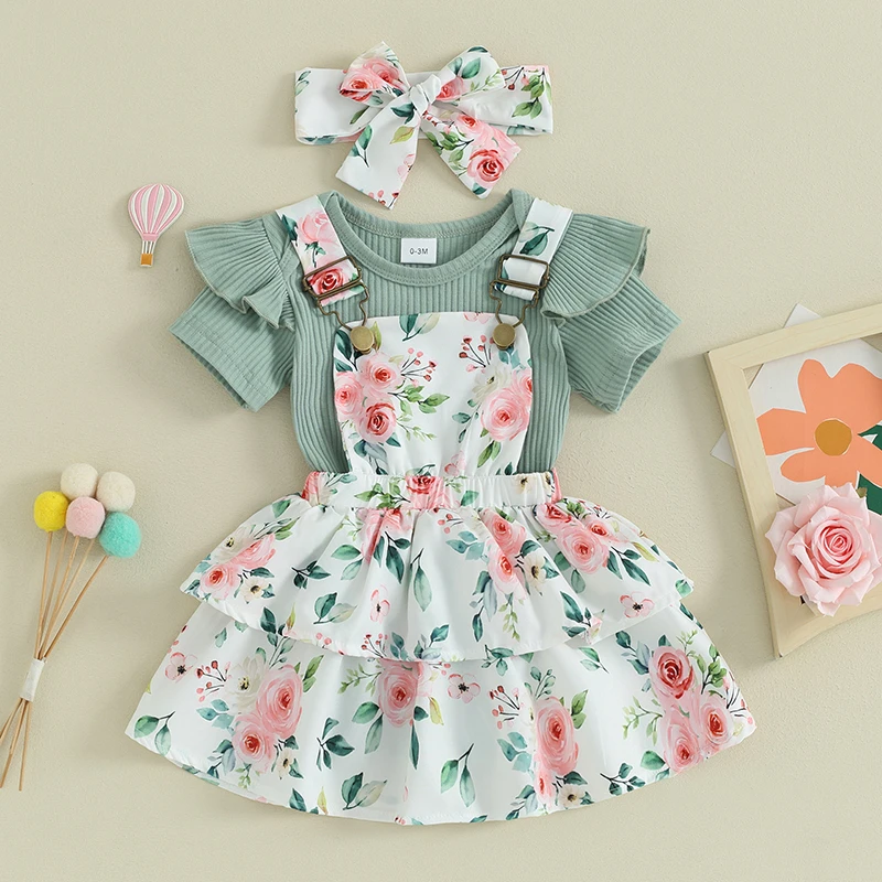 Mubineo Baby Girl Summer Clothes Cute Outfits Short Sleeve Romper Overall Skirt Dress Headband 3PCS Newborn Outfit