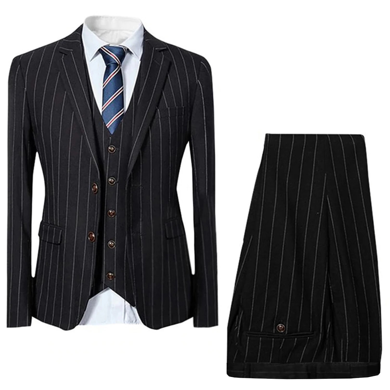 

Men's Stripe Suit Notch Lapel Two Buttons Jacket Waistcoat & Trousers for Business Party