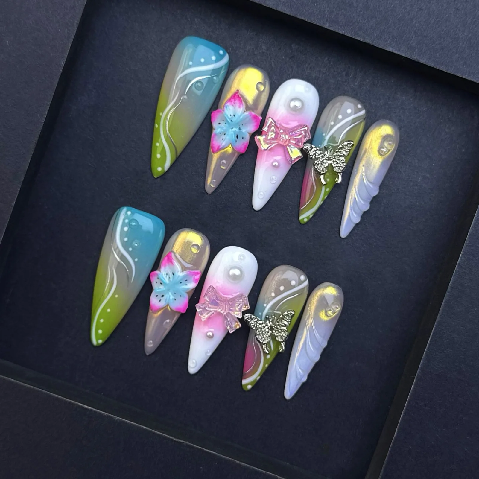 10Pcs French Almond Press On Nails 3D Floral Resin Fake Nails Glossy Reusable False Nails For Party Dating Shopping DIY