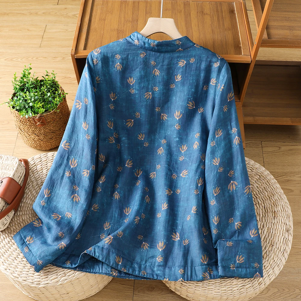 Thickened Short Cotton Linen Artistic Women's Jacket Printed Floral Side Buttoned Winter Top Casual Long Sleeve Stand Collar