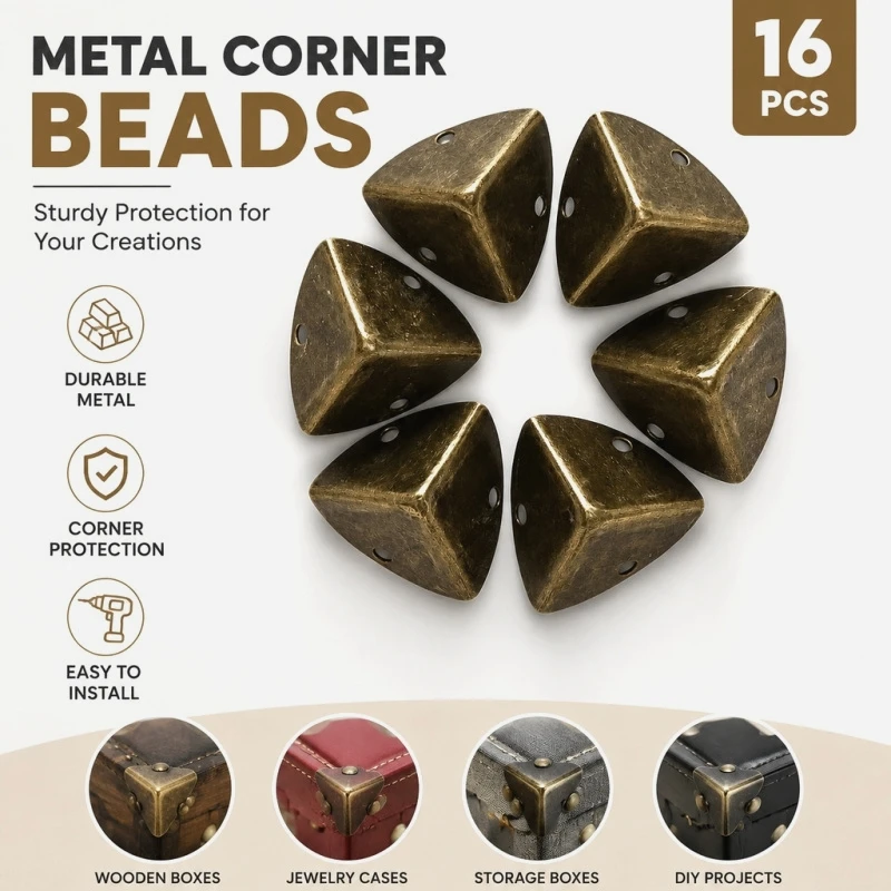 Antique Bronze 3-Hole Luggage Corner Protectors 16Pcs Wooden Box Decorative Table Bag Metal Craft