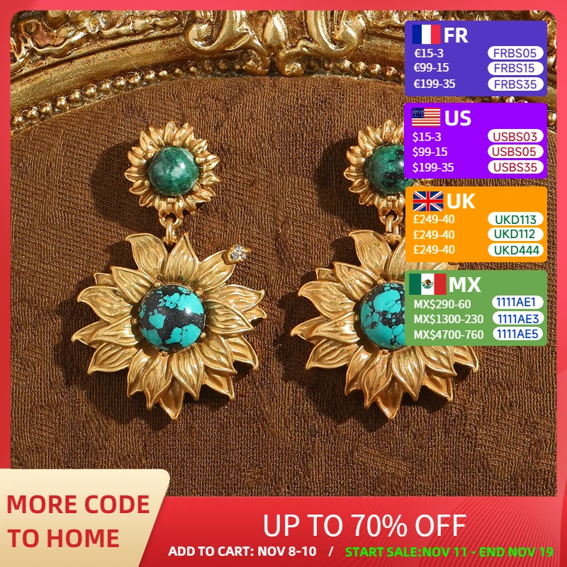 

Vintage Retro Sunflower Drop Earrings Luxury Turquoise Jewelry For Woman Pendant High Quality Luxury Brand 2025 New Arrival