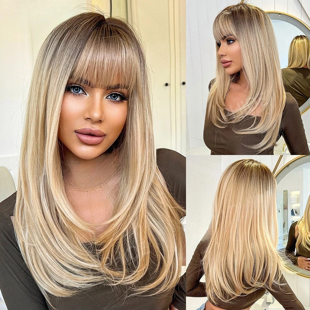 

Wigs Qi bangs brown gradual change blonde long straight hair ladies high temperature silk mechanism chemical fiber wig ladies