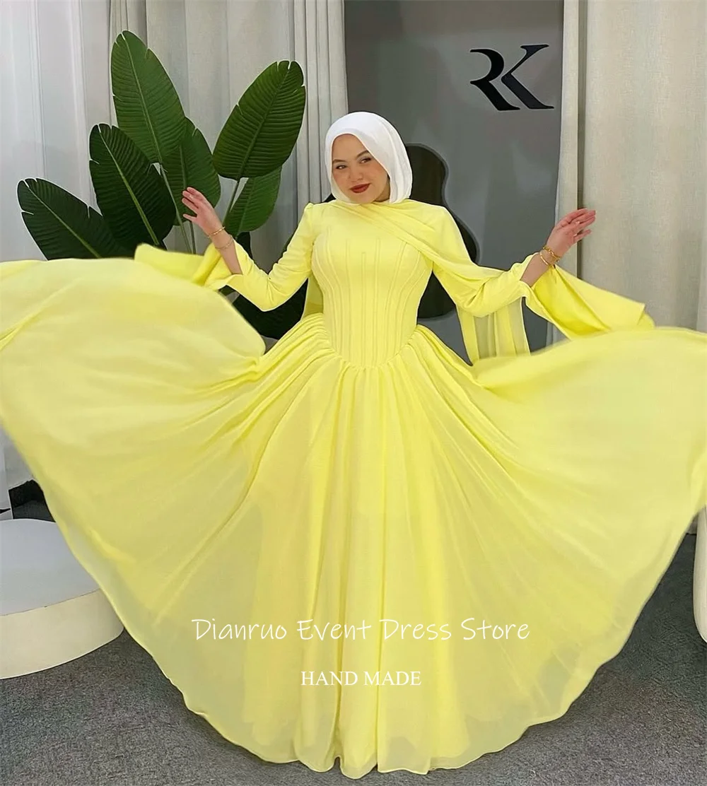 Dianruo robe De soirée en mousseline De soie jaune musulman col rond plissé longues robes De bal modeste une ligne arabie robes De Fiesta personnalisé