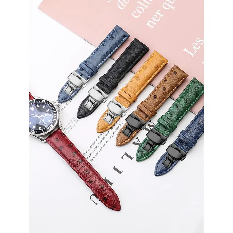 Ostrich Grain CowLeather Watchband Butterfly Buckle Calfskin Leather Men\'s Watch Strap 18mm 19mm 20mm 21mm 22mm 23mm 24mm