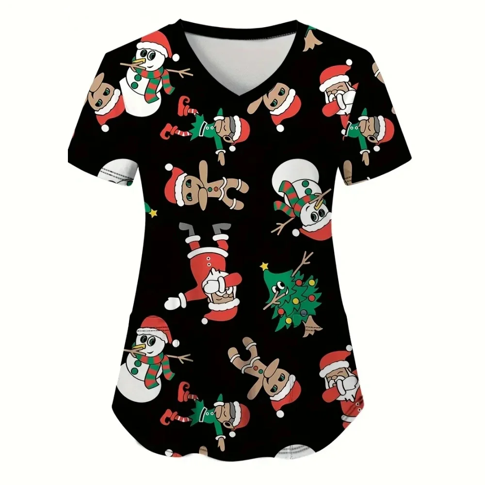 Christmas Clinical Uniform Woman Cartoon Print Dental Nurse V-Neck Short Sleeve Patch Pocket Health Care Surgical Uniforms Woman