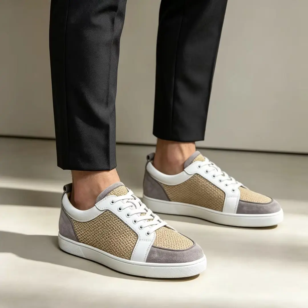 Luxury Men‘s Low Top Spike Beige Weave Leather Shoes Red Bottom Shoes For Men Streetwear Casual Skate Footwear Plus Size