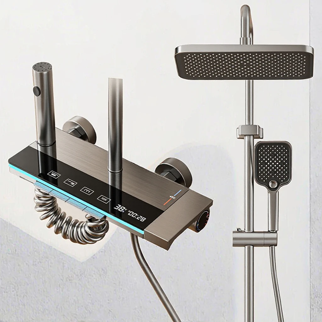 Set Doccia Intelligente Grigio Spazzolato con Display Digitale, Tasti a Pianoforte, Valvola in Ceramica a Tre Maniglie, Massaggio a Pioggia Delicata