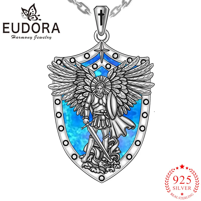 St Michael Pendant Eudora 925 Sterling Silver Archangel opal Amulet Necklace Religious Jewelry Gift for Men Women