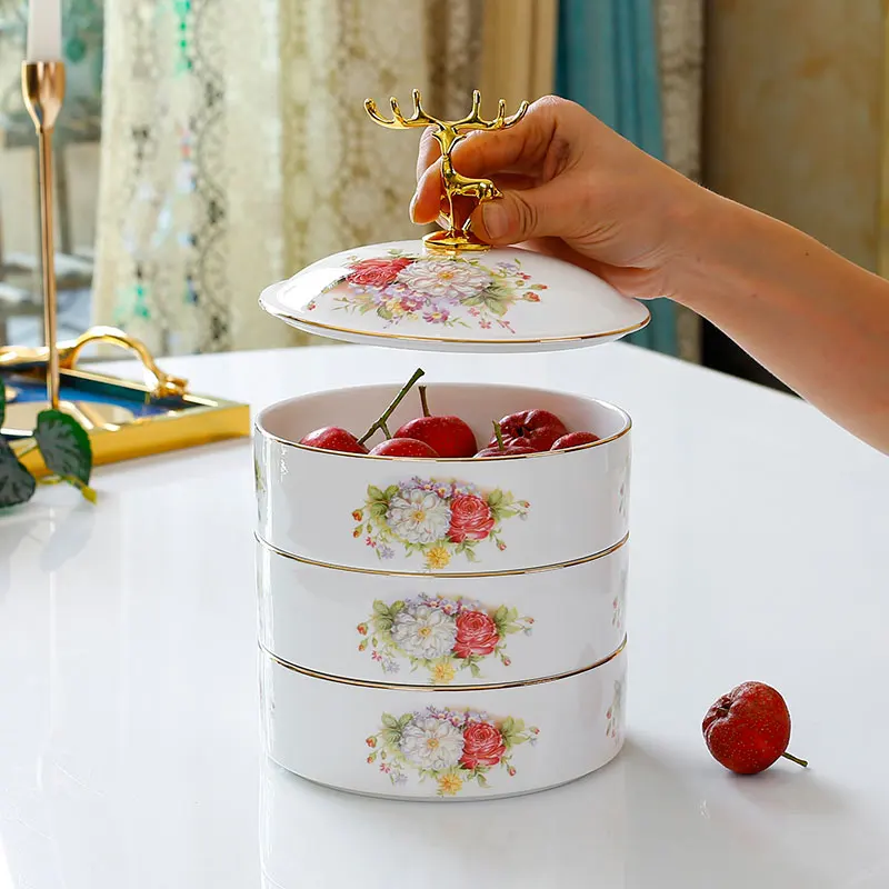 Three-layer covered candy box, creative dim sum snack grid plate, dried fruit box, ceramic fruit plate for home use