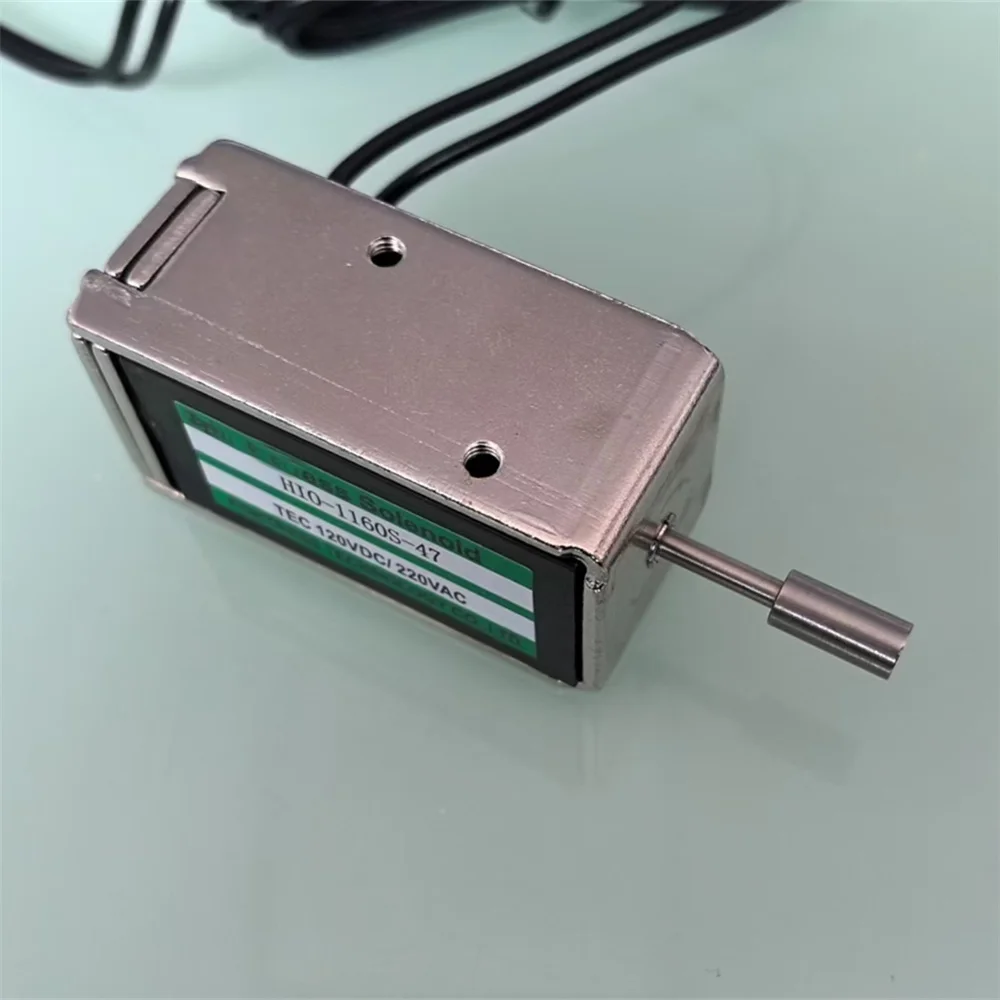 100 szt. Elektromagnes liniowy typu push, 1160S-47, DC120V/AC220V, skok 10 mm, siła 16 kg, z możliwością personalizacji.