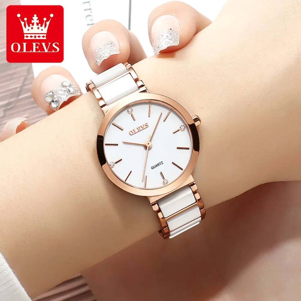 OLEVS-Reloj de pulsera de cuarzo japonés para mujer, accesorio de alta calidad, resistente al agua, con correa de cerámica, a la moda, 5877