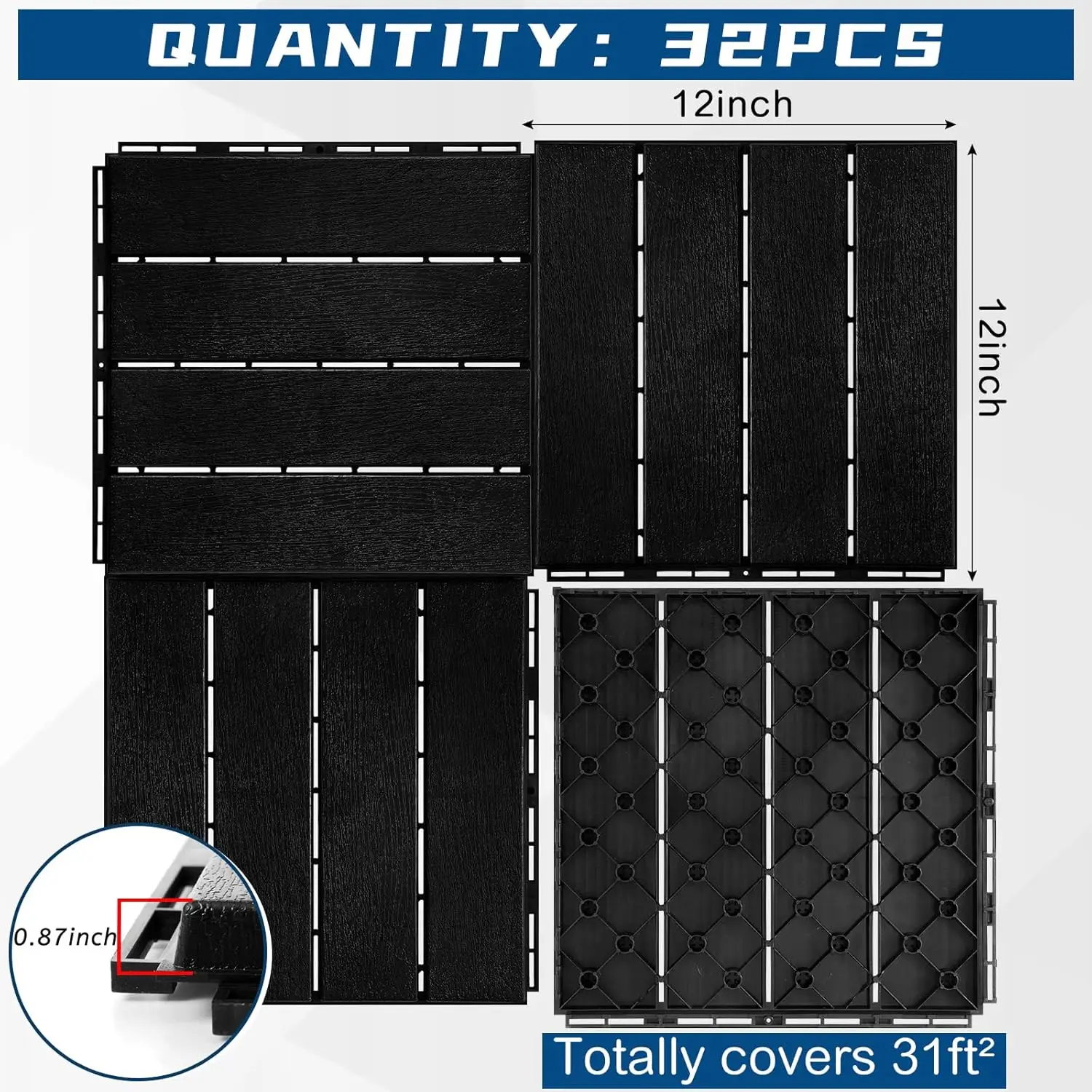 32 Pcs Plastic Interlocking Deck Tiles 12 x 12 Inch Patio Deck Tiles Waterproof Outdoor Flooring Composite (Black)