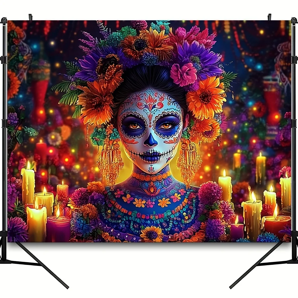 Boho Day of the Dead Tapestry Calavera Sugar Skull Dia de Muertos Mystical Boho Wall Art Hanging Wall Decor Print