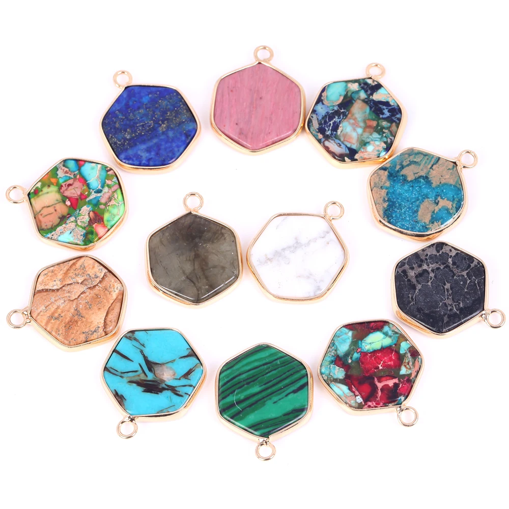 Natural Stone Pendants Hexagon Colorful Sea Sediment Pendants Charms For Jewelry Making Diy Crafts Necklace Handmade Accessories