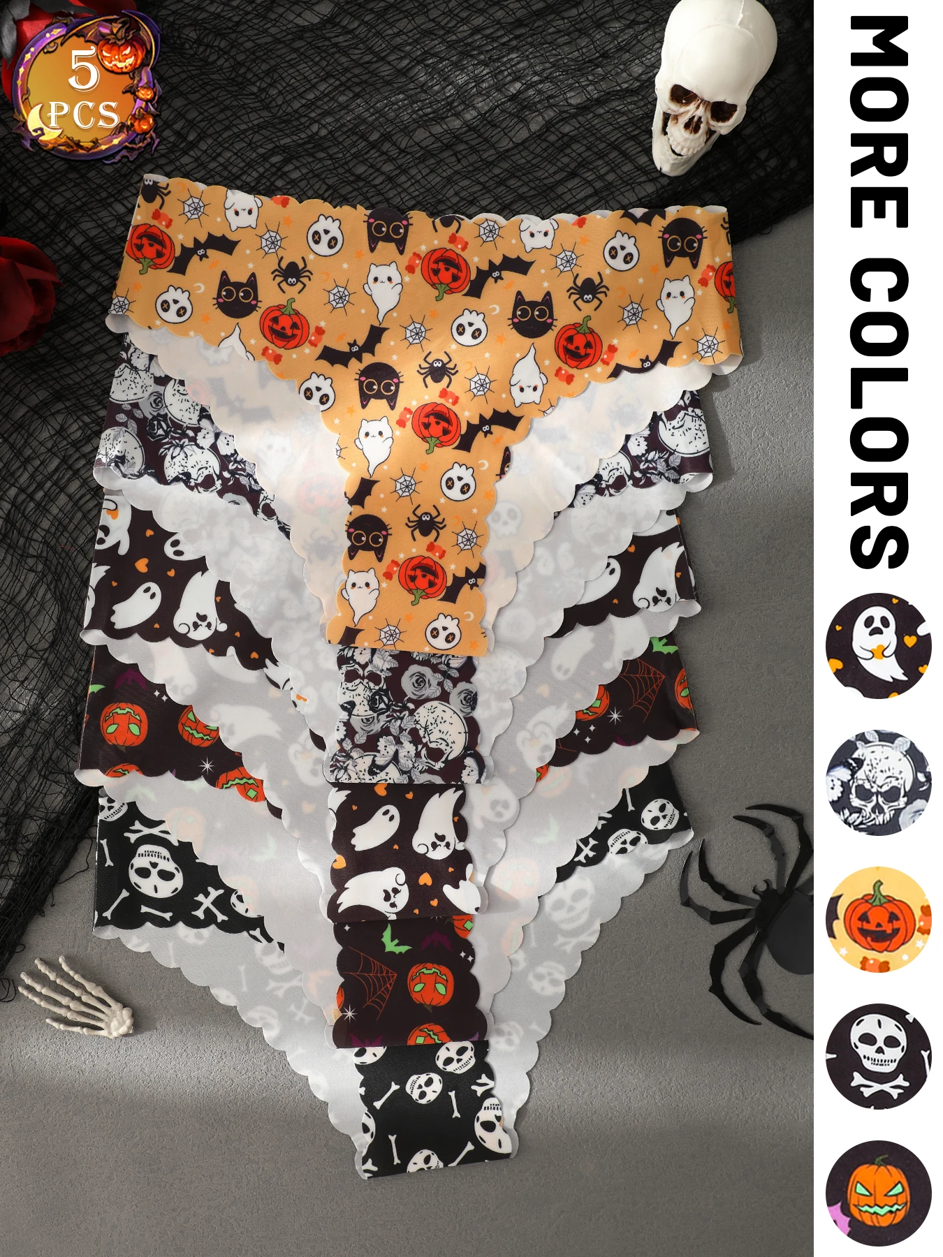 

Комплект из 5 женских трусиков с волнистыми краями на тему Хэллоуина, с принтами тыквы и черепа, простые, удобные, цельные бесшовные.