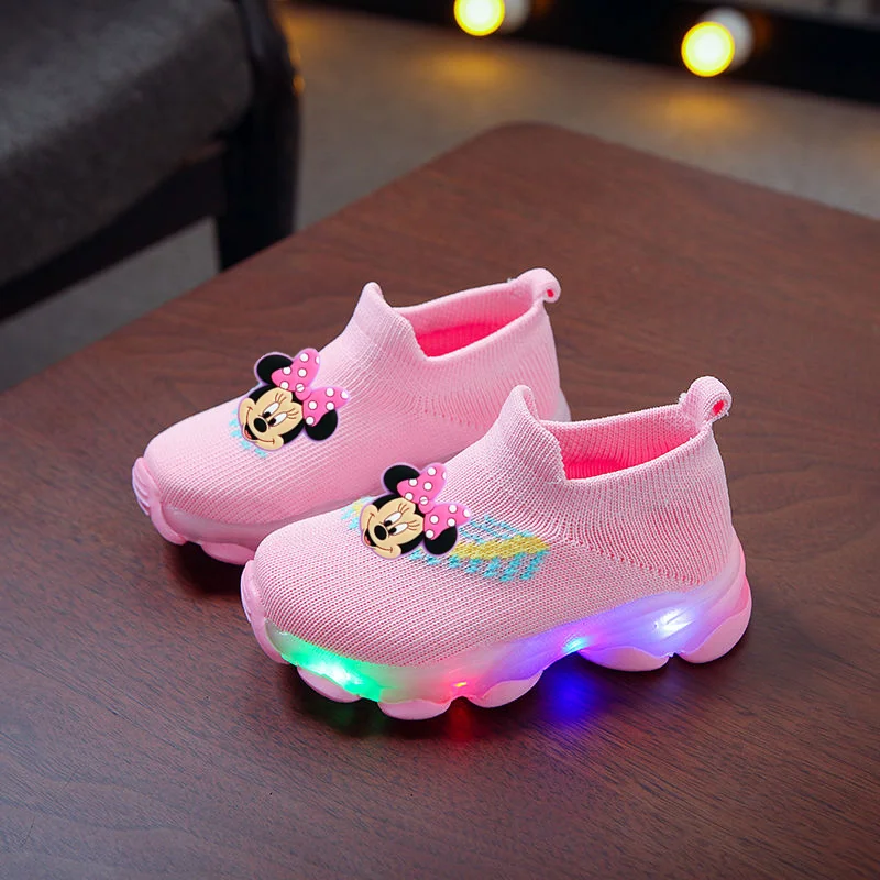 

Светодиодные кроссовки с Микки Маусом, детские весенне-осенние повседневные туфли с подсветкой Disney для мальчиков и девочек, детские летающие тканые кроссовки
