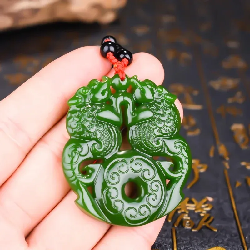 Natural Green Hand-carved Shuanglong Jade Pendant Jewelry Necklace Spinach Green Antique Pattern Shuanglong Jade Pendant