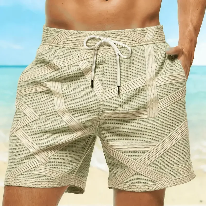 Men Sports Shorts Green Geometric 3D Print Drawstring Casual Beach Vacation Cool Short With Pockets Summer Wear For Man