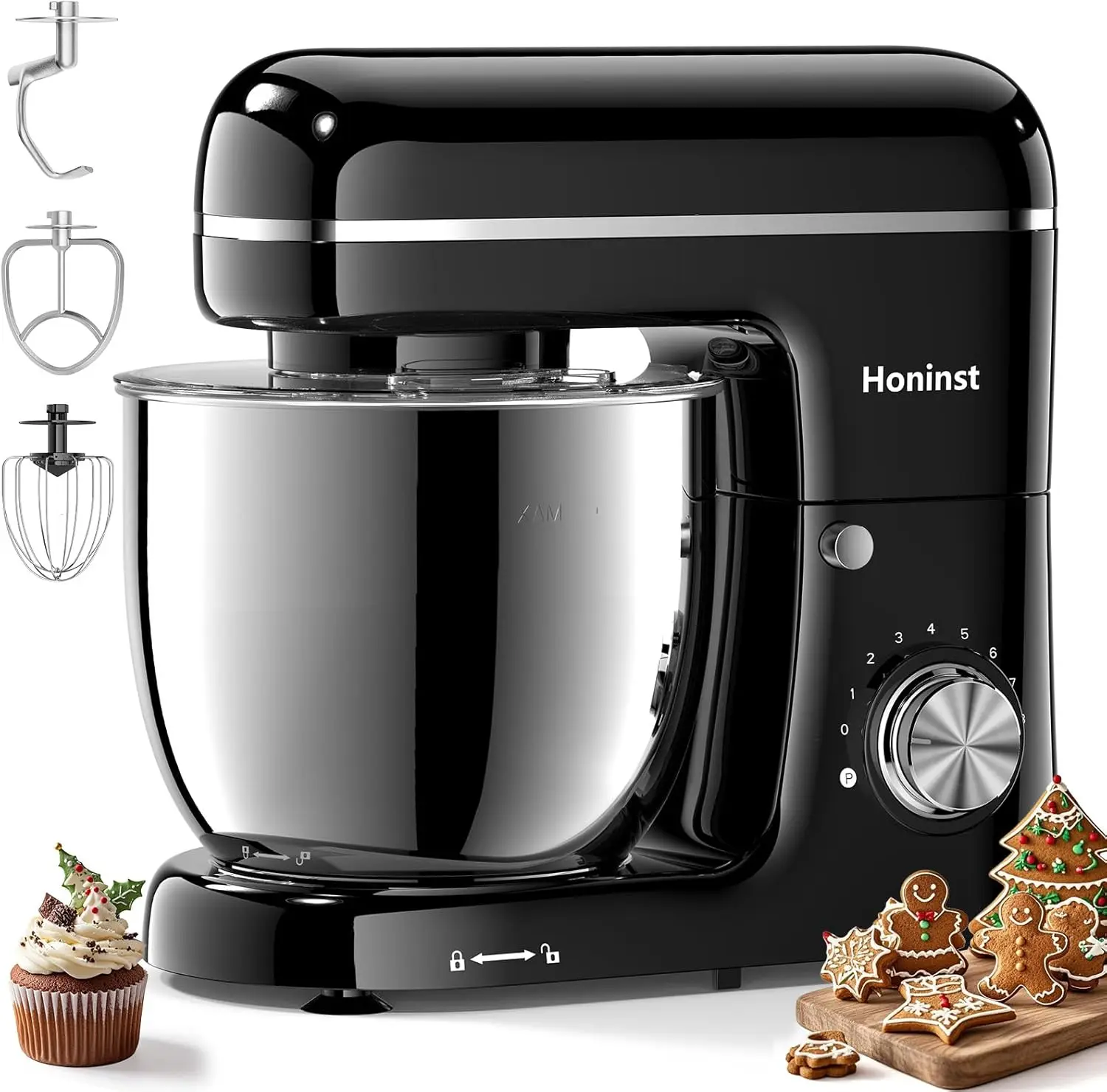 

3-in-1 8-Speed 660W 6.5QT Tilt-Head Electric Stand Mixer with Bowl, Dough Hook, Whisk and Beater for Baking and Home Cooking