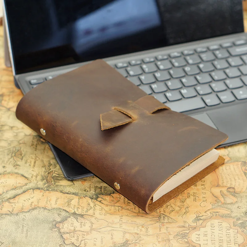 A5 A6 Handmade Cowhide Leather Travel Journal with 6-Hole Loose Leaf Binder, Refillable Kraft Paper Notebook, Business Office