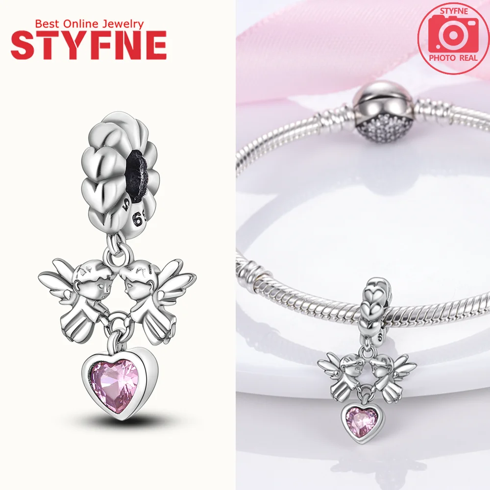 Charms aus 925er-Sterlingsilber, vergoldet, Schutzengel, rosa Herz-Anhänger, passend für Original-Armbänder, Perlen, Damen, Schmuckherstellung, Geschenke