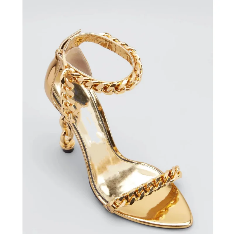 New Sexy Pointed Metal Decoration/Belt Buckle/Shaped High Heel Sandals Metal Chain Fashion Hollow Heel Sandals Nightclub